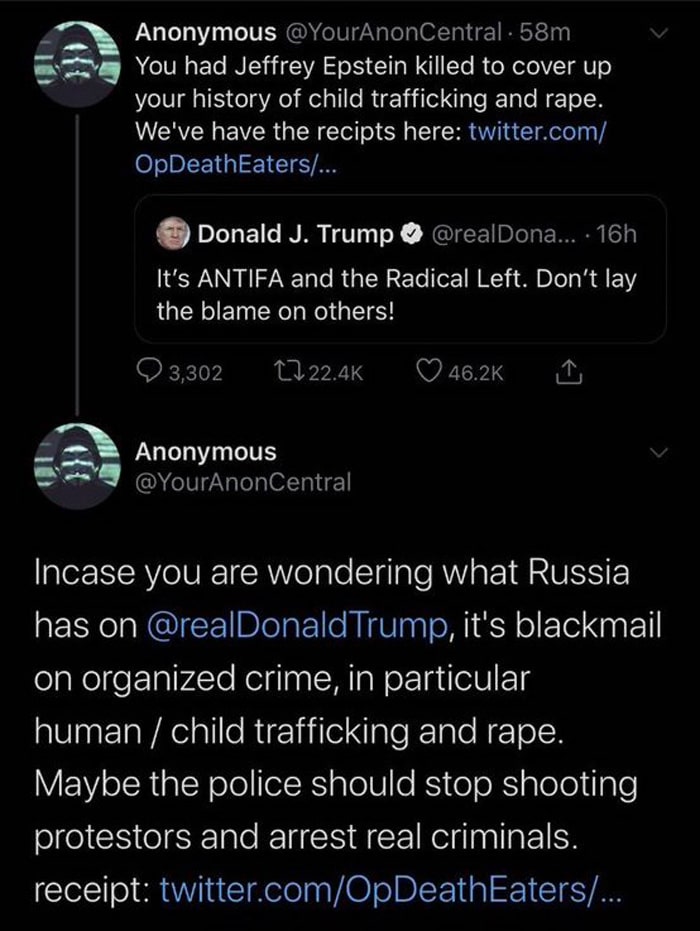 Anonymous returns with proof tying Trump and Naomi Campbell to Jeffrey Epstein and threats against the Minneapolis Police