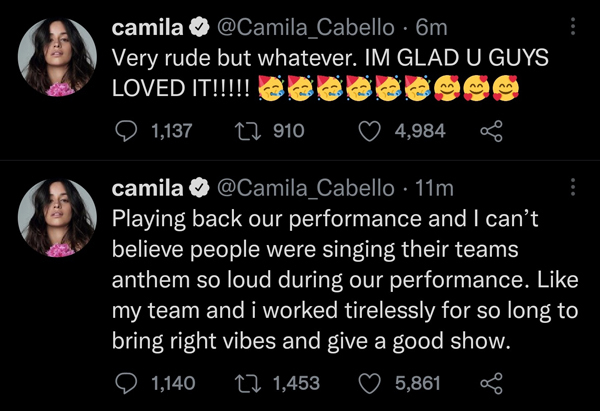 ‘Very rude but whatever’: Camila Cabello calls out UEFA fans for chanting over her performance