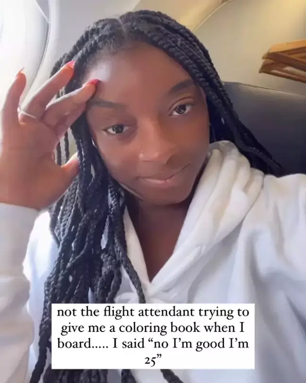 25-year-old Olympic gold medal gymnast Simone Biles reacts after being mistaken for a child on flight